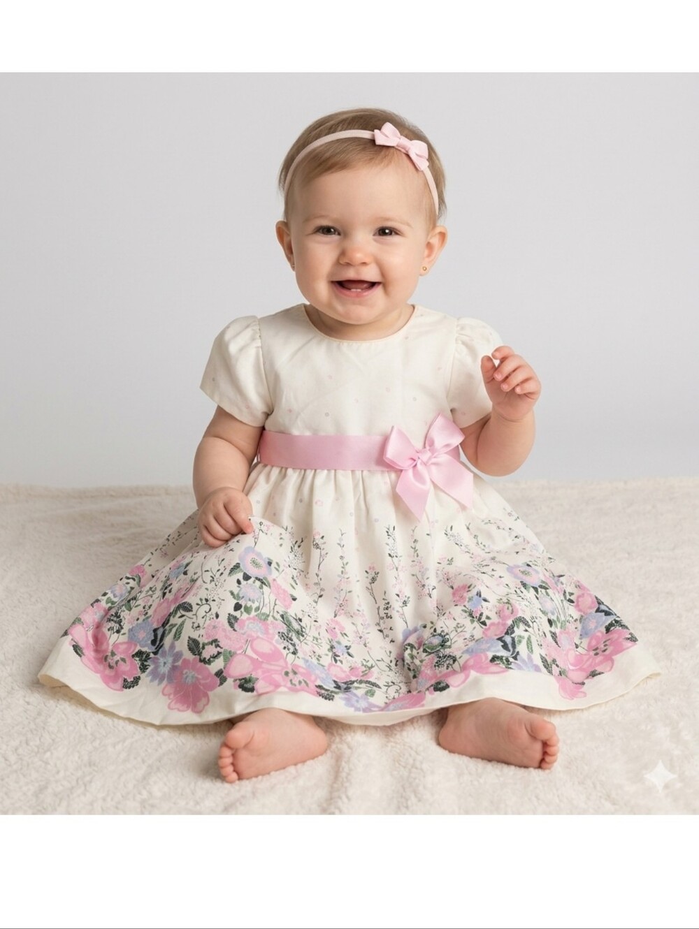Edgehill Collection Girls 12M White/Pink Floral Dress & Bloomers 2pc Bow Cotton